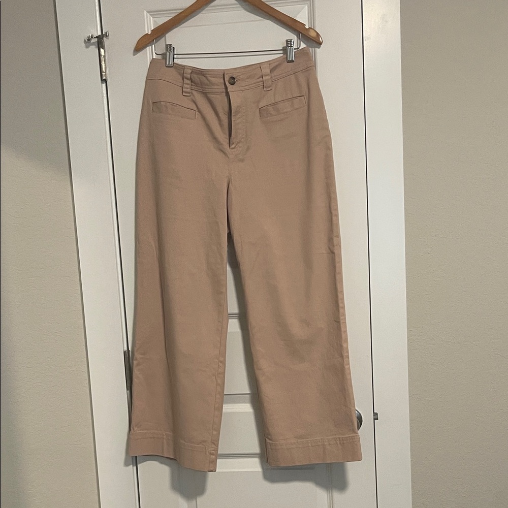 Wide Leg Cropped Chino Trousers - Beige